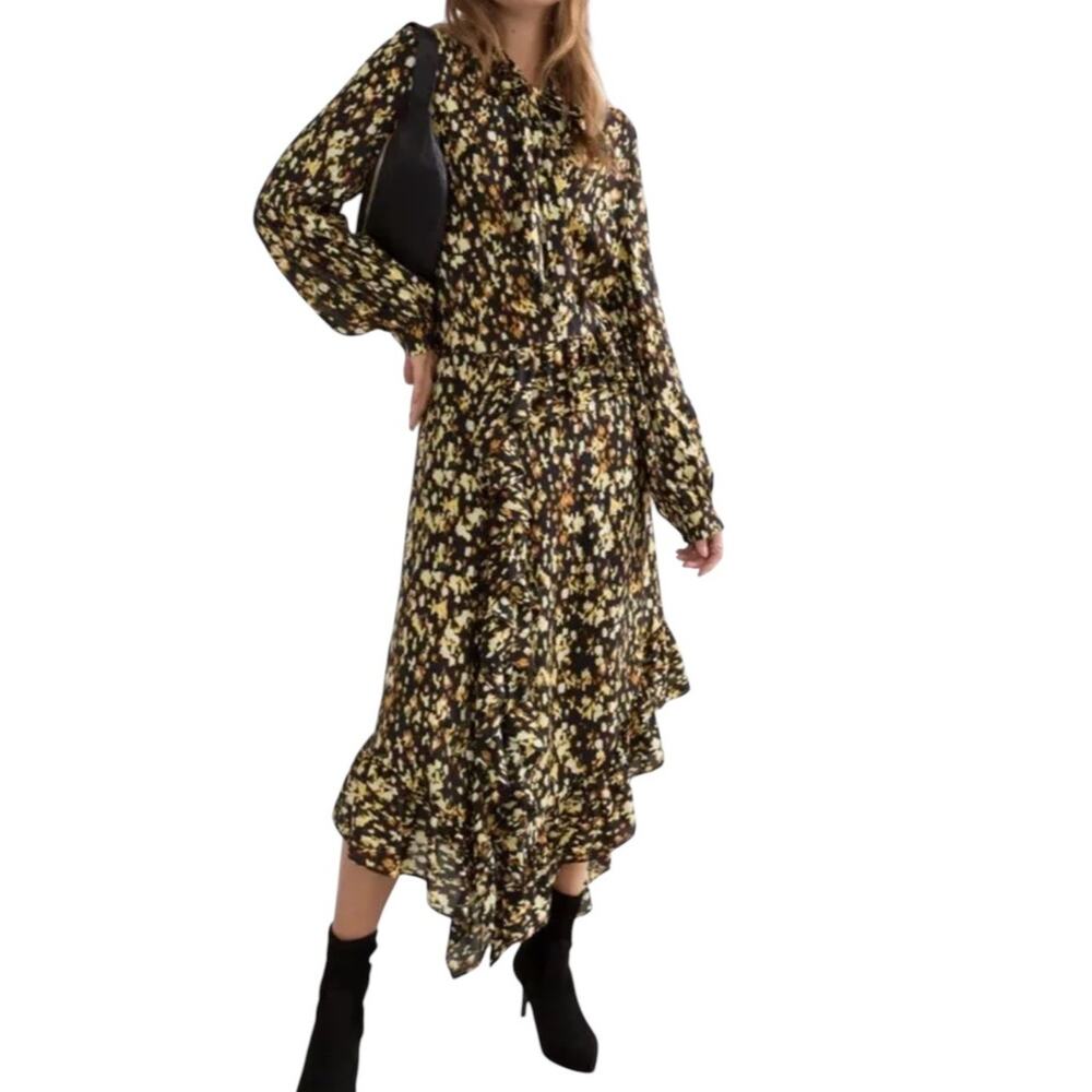 & Other Stories black yellow long sleeves ruffle asymmetrical midi dress size 2